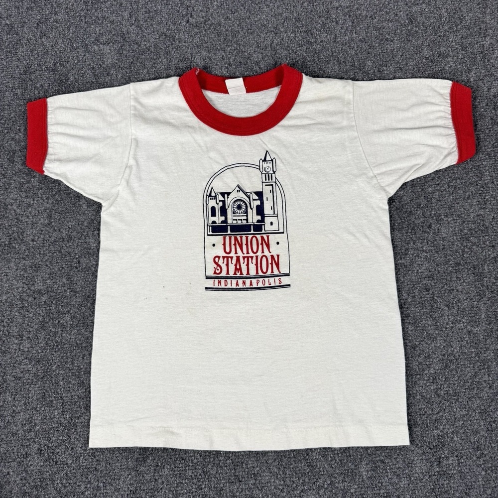 Vintage 80s Union Station Indianapolis White Ringer Graphic T-Shirt Small Retro